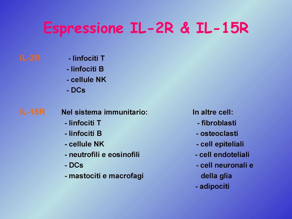 linfociti B - osteoclasti - cellule NK - cell epiteliali - neutrofili e eosinofili