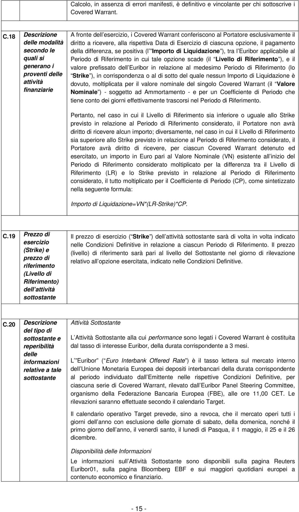 18 Descrizione delle modalità secondo le quali si generano i proventi delle attività finanziarie A fronte dell esercizio, i Covered Warrant conferiscono al Portatore esclusivamente il diritto a