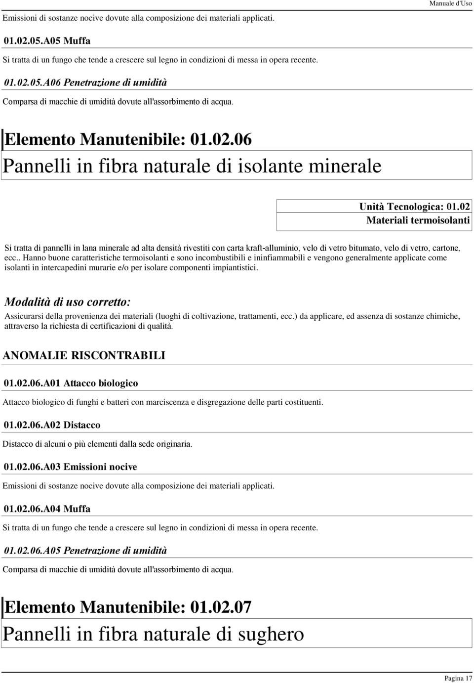 Elemento Manutenibile: 01.02.06 Pannelli in fibra naturale di isolante minerale Unità Tecnologica: 01.