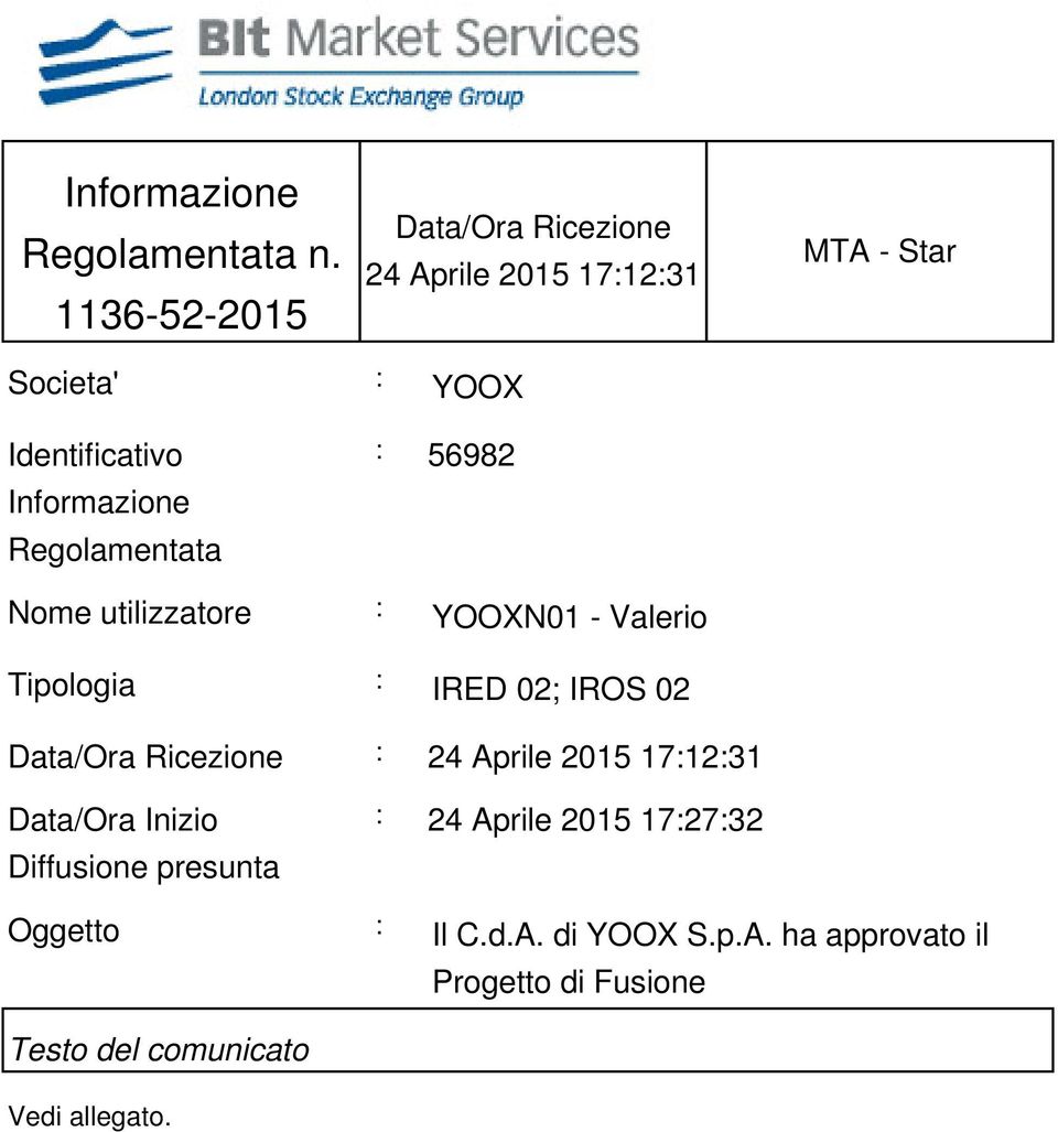 Regolamentata : 56982 Nome utilizzatore : YOOXN01 - Valerio Tipologia : IRED 02; IROS 02 Data/Ora Ricezione :