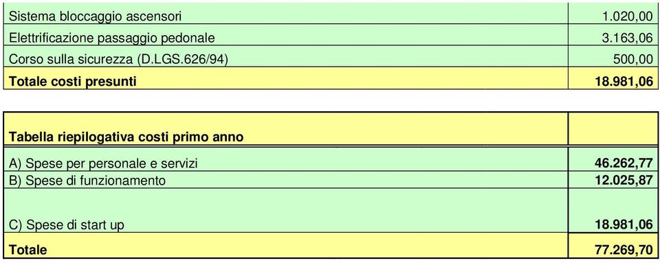 981,06 Tabella riepilogativa costi primo anno A) Spese per personale e servizi