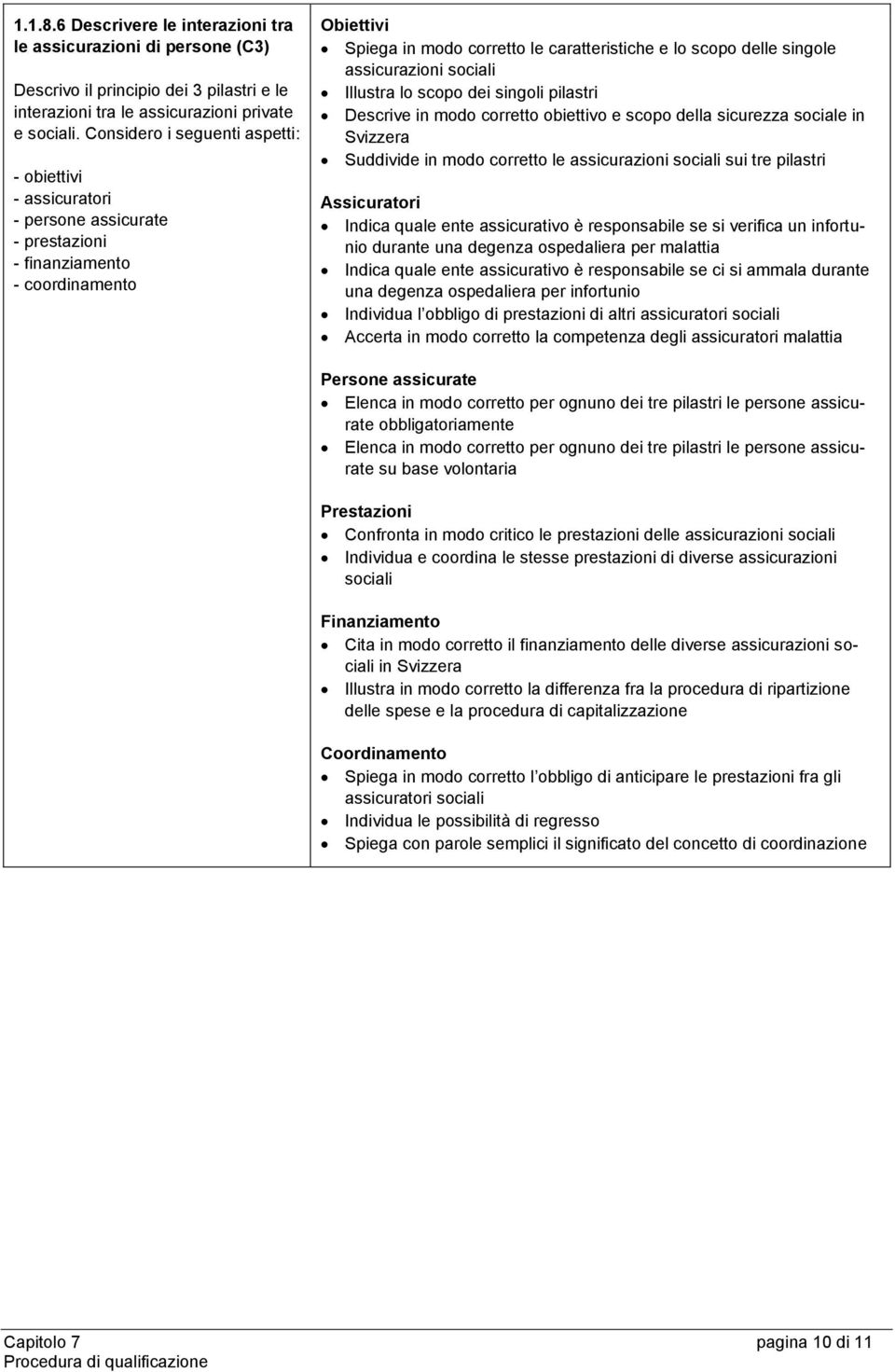 singole assicurazioni sociali Illustra lo scopo dei singoli pilastri Descrive in modo corretto obiettivo e scopo della sicurezza sociale in Svizzera Suddivide in modo corretto le assicurazioni