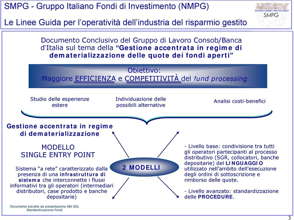 costi-benefici Gestione accentrata in regime di dematerializzazione MODELLO SINGLE ENTRY POINT Sistema a rete caratterizzato dalla presenza di una infrastruttura di sistema che interconnette i flussi