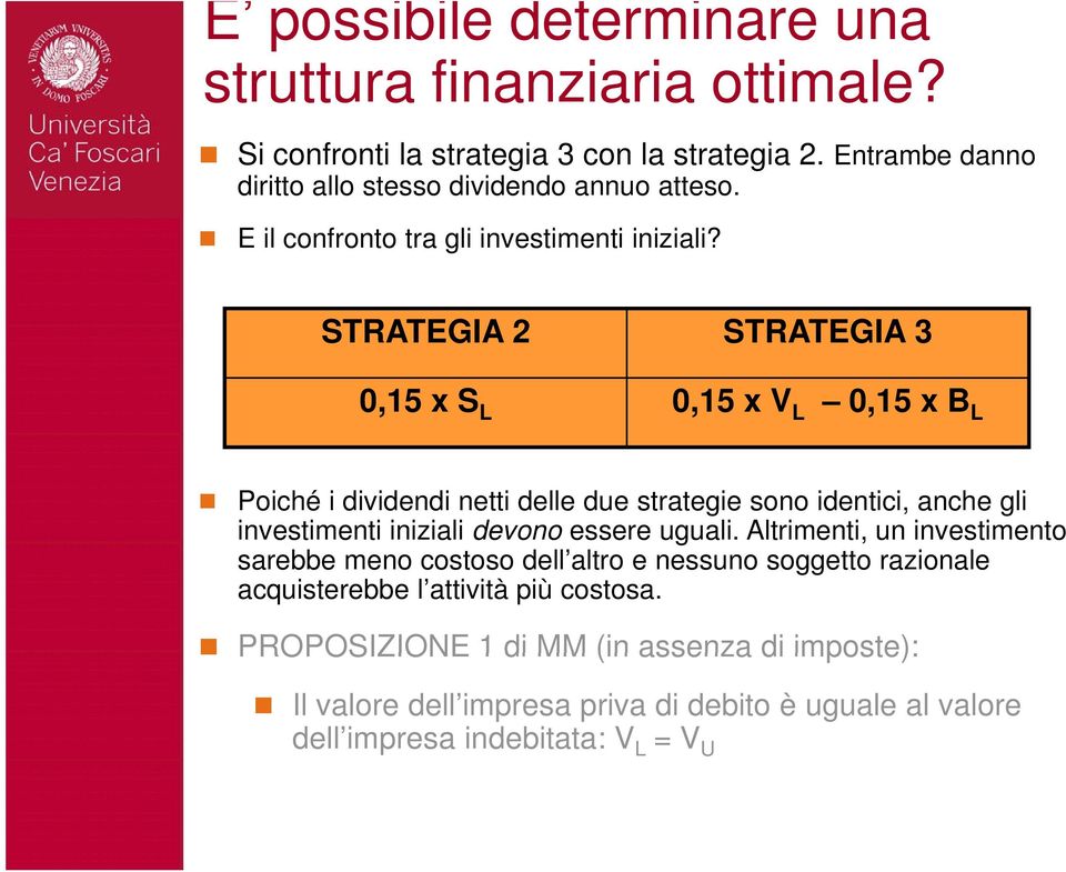 STRATEGIA 2 STRATEGIA 3 0,15 x S L 0,15 x V L 0,15 x B L Poiché i dividendi netti delle due strategie sono identici, anche gli investimenti iniziali devono essere