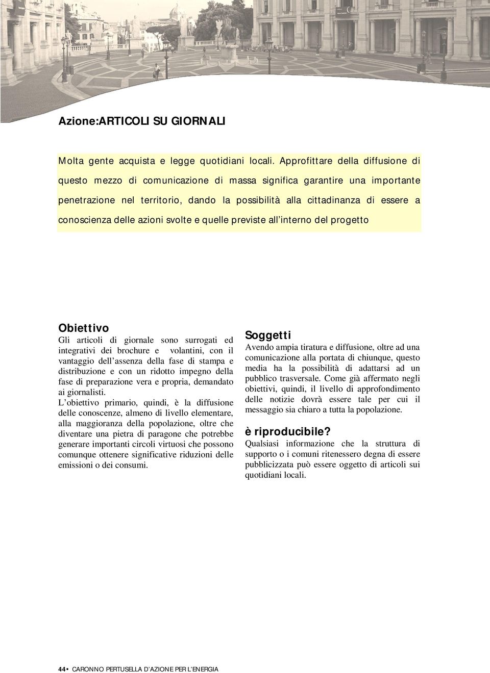 delle azioni svolte e quelle previste all interno del progetto Obiettivo Gli articoli di giornale sono surrogati ed integrativi dei brochure e volantini, con il vantaggio dell assenza della fase di