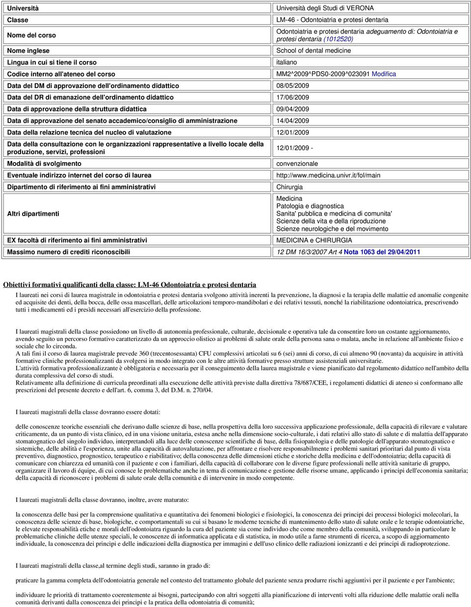 emanazione dell'ordinamento didattico 17/06/2009 Data di approvazione della struttura didattica 09/04/2009 Data di approvazione del senato accademico/consiglio di amistrazione 14/04/2009 Data della