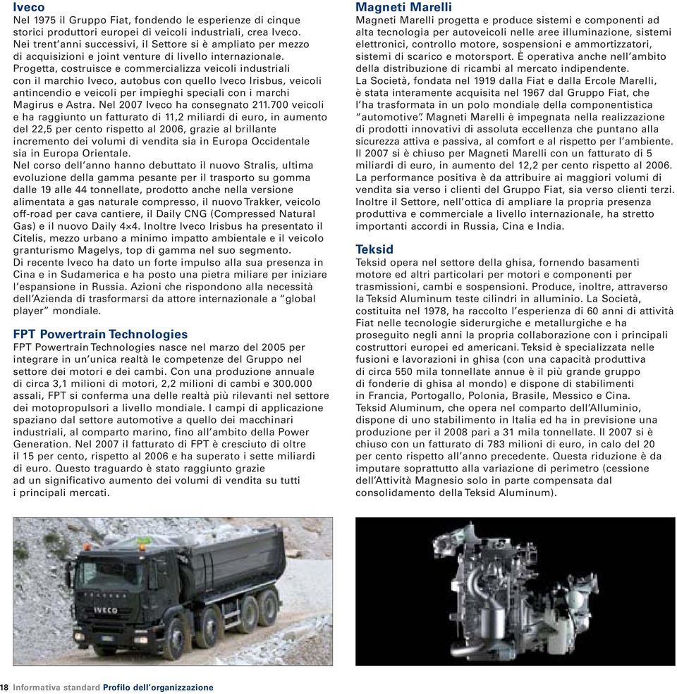 Progetta, costruisce e commercializza veicoli industriali con il marchio Iveco, autobus con quello Iveco Irisbus, veicoli antincendio e veicoli per impieghi speciali con i marchi Magirus e Astra.