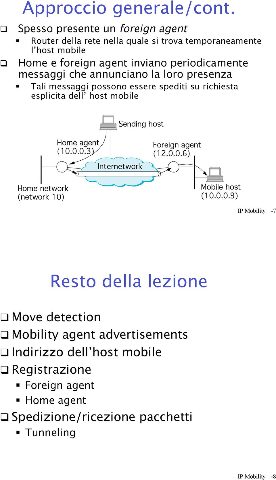 mobile Sending host Home agent (10.0.0.3) Foreign agent (12.0.0.6) Internetwork Home network (network 10) Mobile host (10.0.0.9) IP Mobility -7 Resto della lezione!