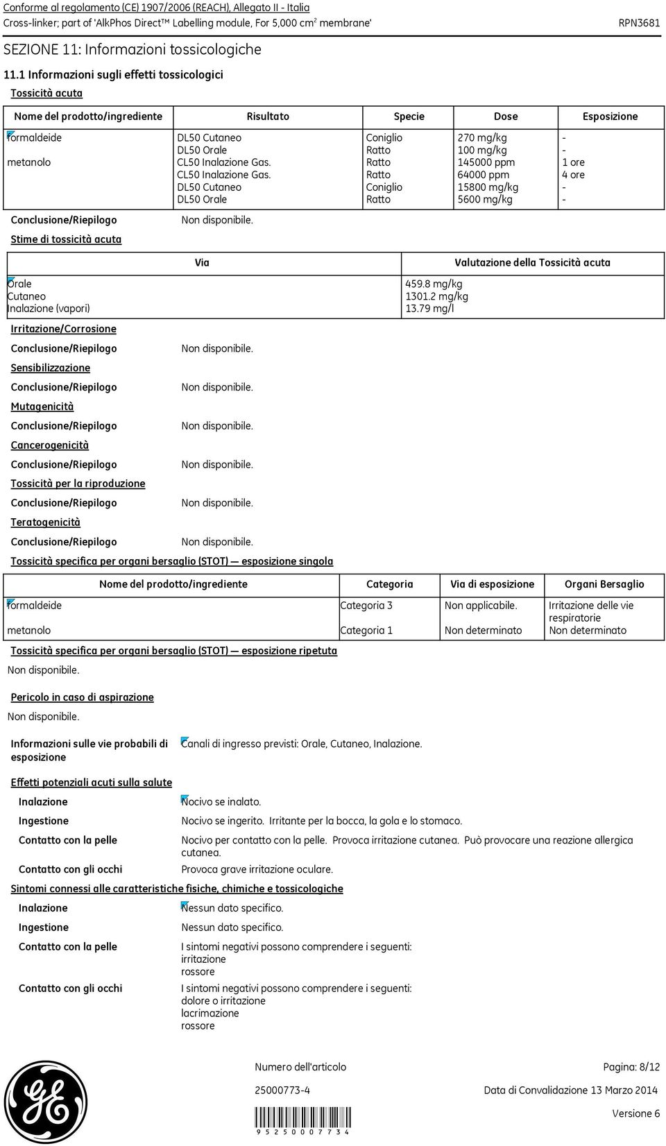 metanolo CL50 Inalazione Gas. Ratto 145000 ppm 1 ore CL50 Inalazione Gas.