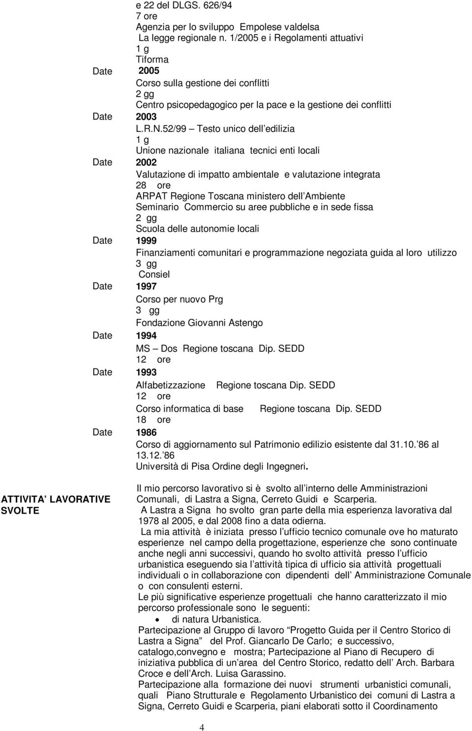 52/99 Testo unico dell edilizia 1 g Unione nazionale italiana tecnici enti locali Date 2002 Valutazione di impatto ambientale e valutazione integrata 28 ore ARPAT Regione Toscana ministero dell