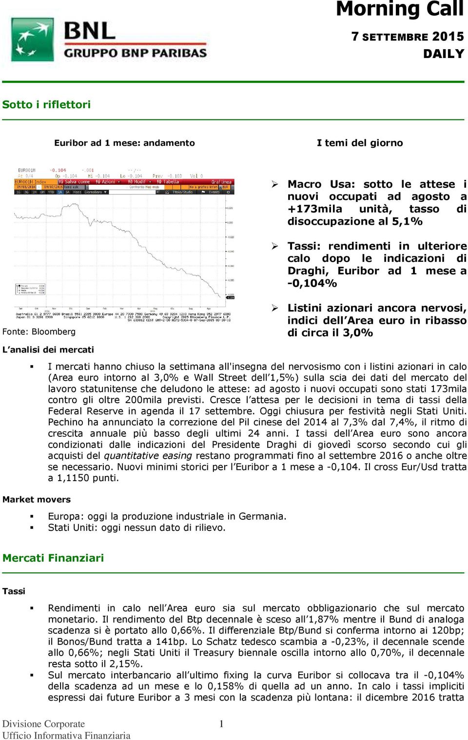 I mercati hanno chiuso la settimana all'insegna del nervosismo con i listini azionari in calo (Area euro intorno al 3,0% e Wall Street dell 1,5%) sulla scia dei dati del mercato del lavoro