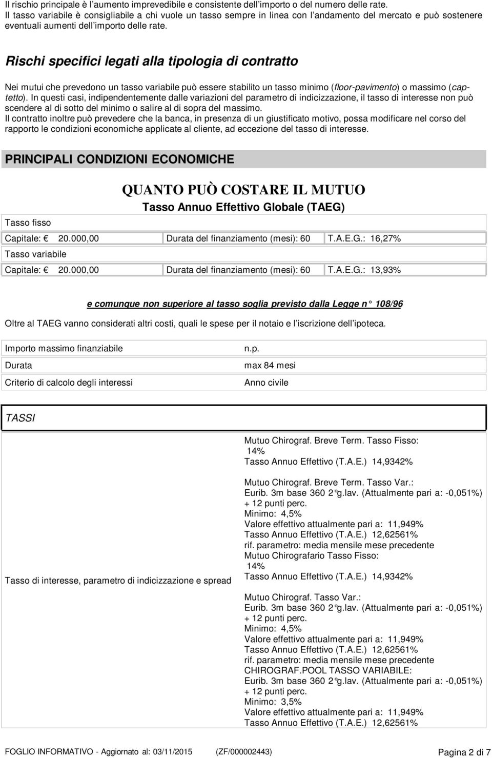 Rischi specifici legati alla tipologia di contratto Nei mutui che prevedono un tasso variabile può essere stabilito un tasso minimo (floor-pavimento) o massimo (captetto).