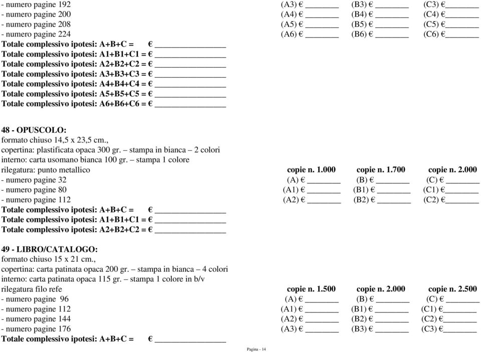 stampa in bianca 2 colori interno: carta usomano bianca 100 gr. stampa 1 colore rilegatura: punto metallico copie n. 1.000 copie n. 1.700 copie n. 2.000 - numero pagine 32 (A) (B) (C) - numero pagine 80 (A1) (B1) (C1) - numero pagine 112 (A2) (B2) (C2) 49 - LIBRO/CATALOGO: formato chiuso 15 x 21 cm.