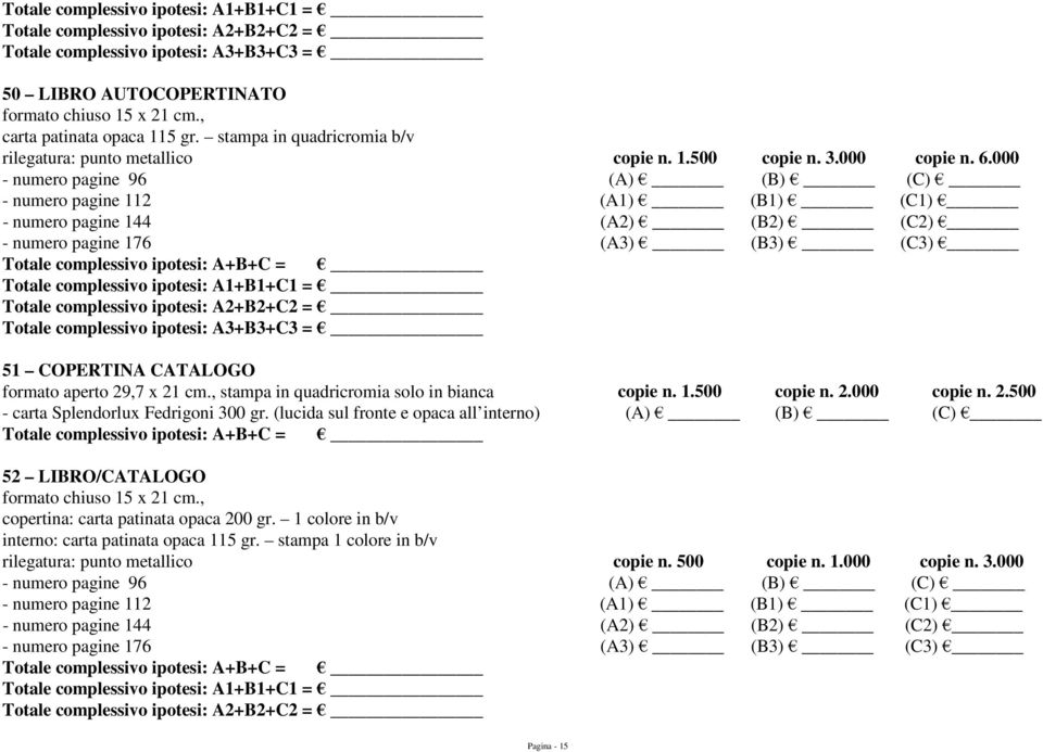 000 - numero pagine 96 (A) (B) (C) - numero pagine 112 (A1) (B1) (C1) - numero pagine 144 (A2) (B2) (C2) - numero pagine 176 (A3) (B3) (C3) Totale complessivo ipotesi: A3+B3+C3 = 51 COPERTINA