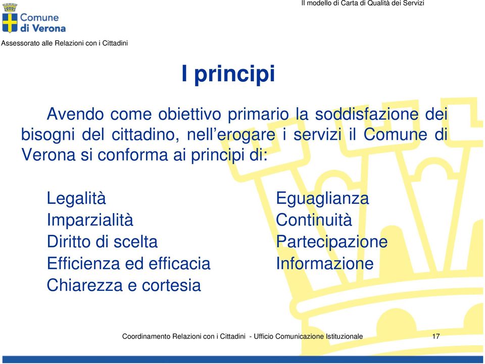 conforma ai principi di: Legalità Imparzialità Diritto di scelta Efficienza ed efficacia Chiarezza e cortesia