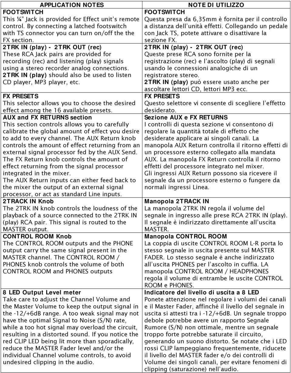 2TRK IN (play) should also be used to listen CD player, MP3 player, etc. FX PRESETS This selector allows you to choose the desired effect among the 16 available presets.