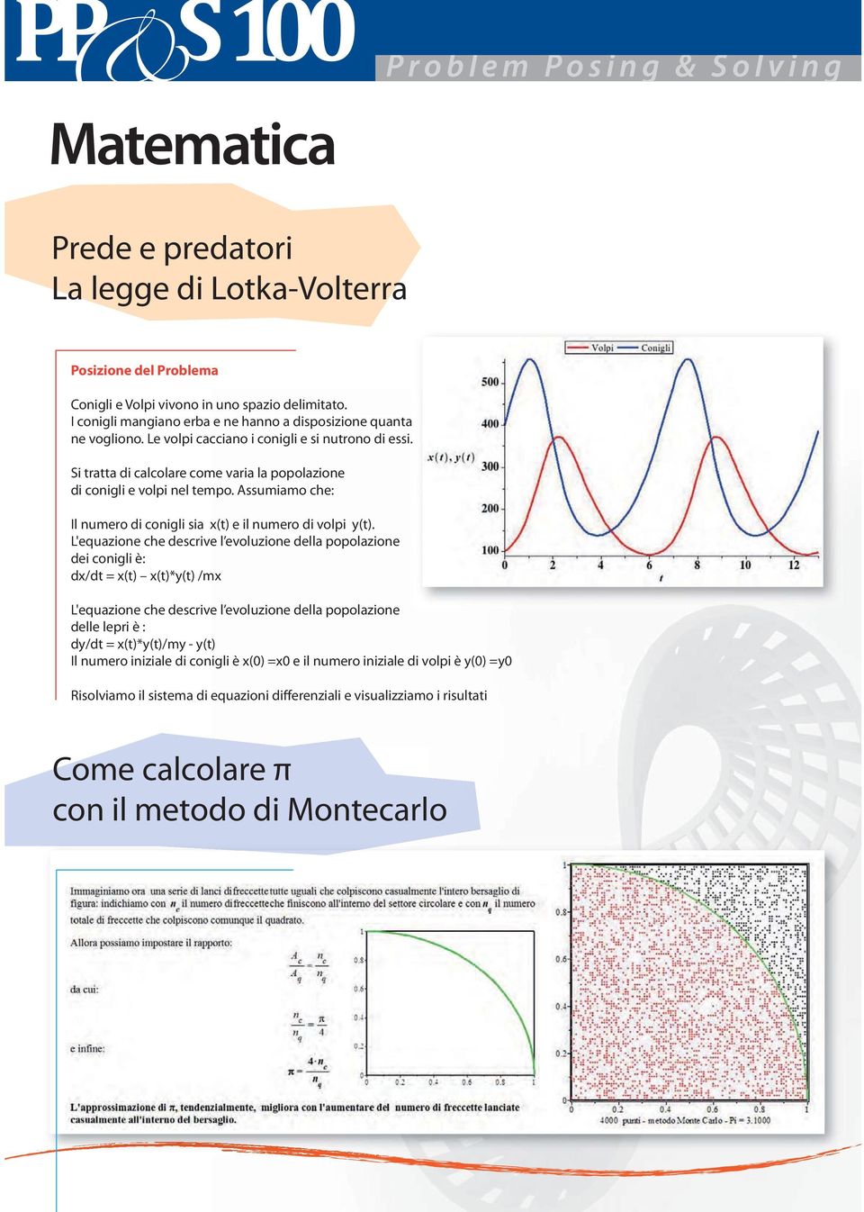 L'equazione che descrive l evoluzione della popolazione dei conigli è: dx/dt = x(t) x(t)*y(t) /mx L'equazione che descrive l evoluzione della popolazione delle lepri è : dy/dt = x(t)*y(t)/my - y(t)