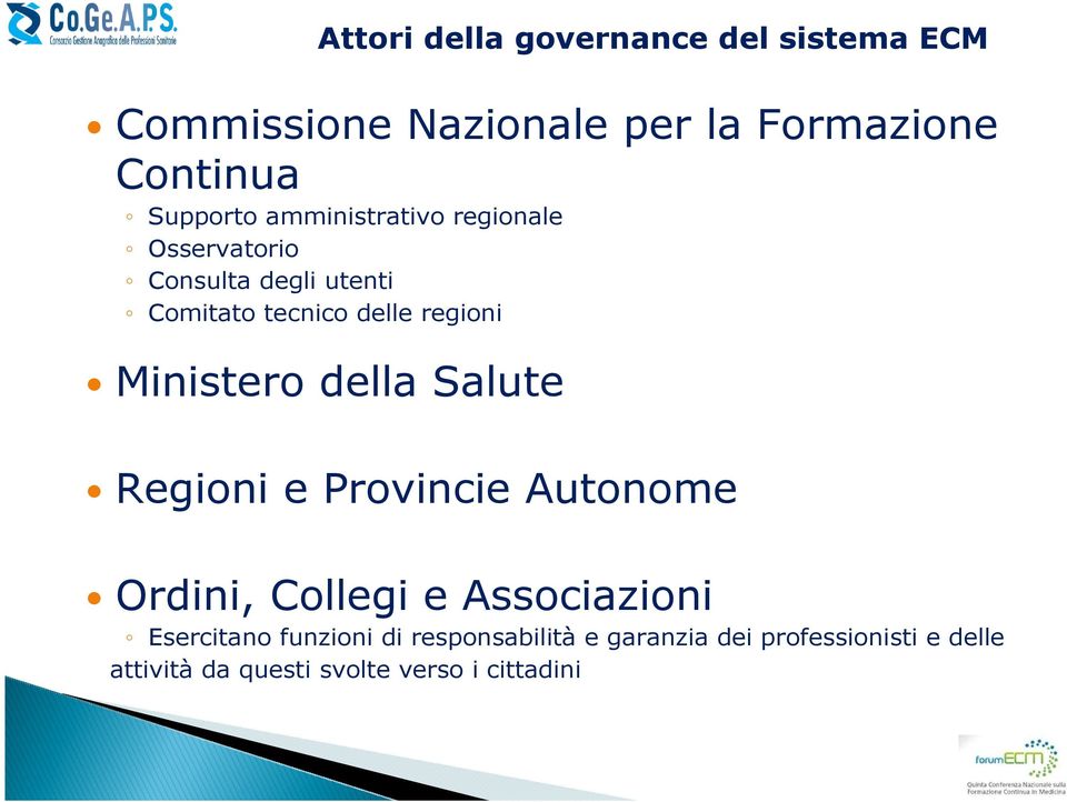 Ministero della Salute Regioni e Provincie Autonome Ordini, Collegi e Associazioni Esercitano