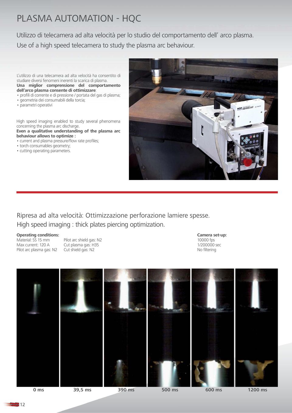 Una miglior comprensione del comportamento dell arco plasma consente di ottimizzare: High speed imaging enabled to study several phenomena concerning the plasma arc discharge.