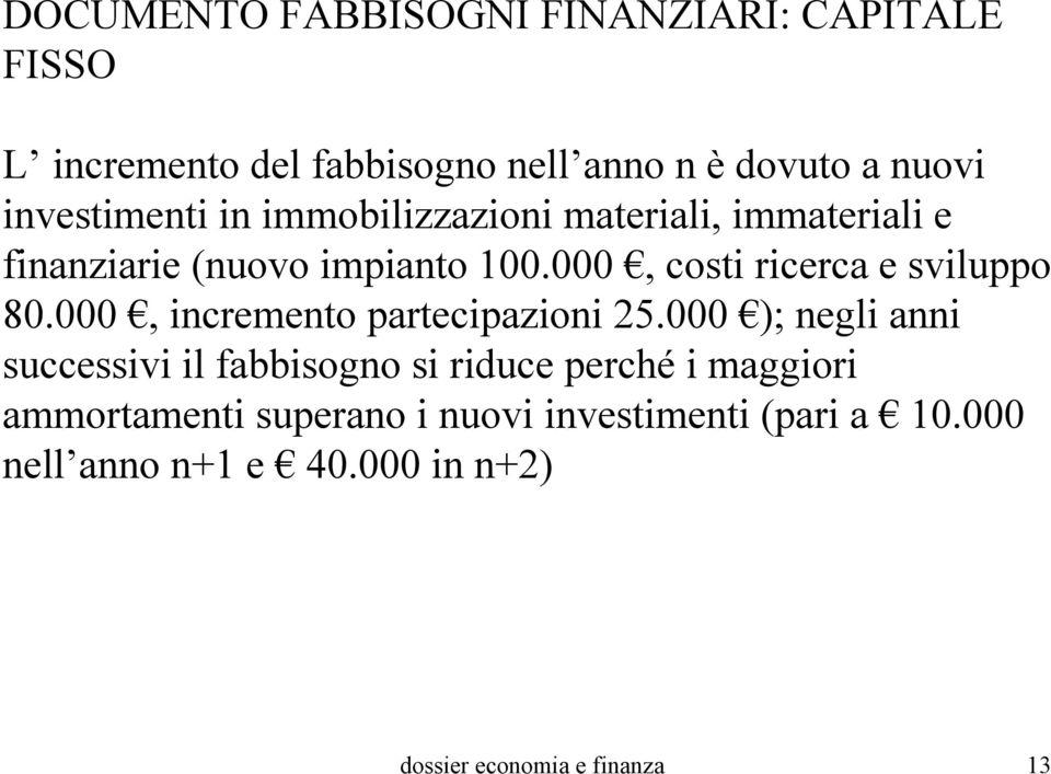 000, costi ricerca e sviluppo 80.000, incremento partecipazioni 25.