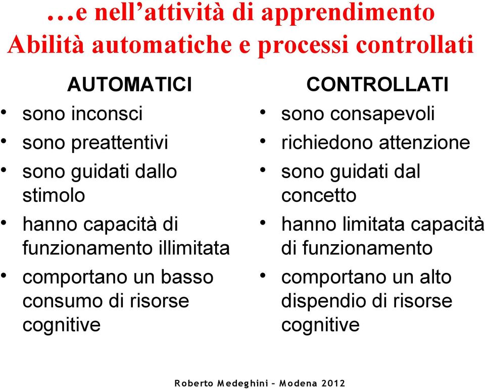 consumo di risorse cognitive CONTROLLATI sono consapevoli richiedono attenzione sono guidati dal concetto