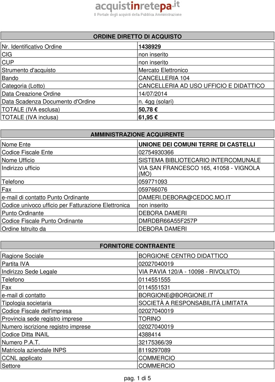 Ordine 14/07/2014 Data Scadenza Documento d'ordine n.