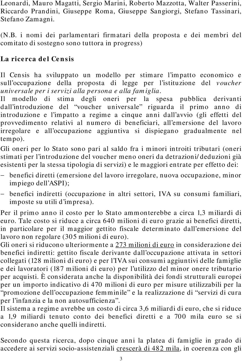 economico e sull occupazione della proposta di legge per l istituzione del voucher universale per i servizi alla persona e alla famiglia.