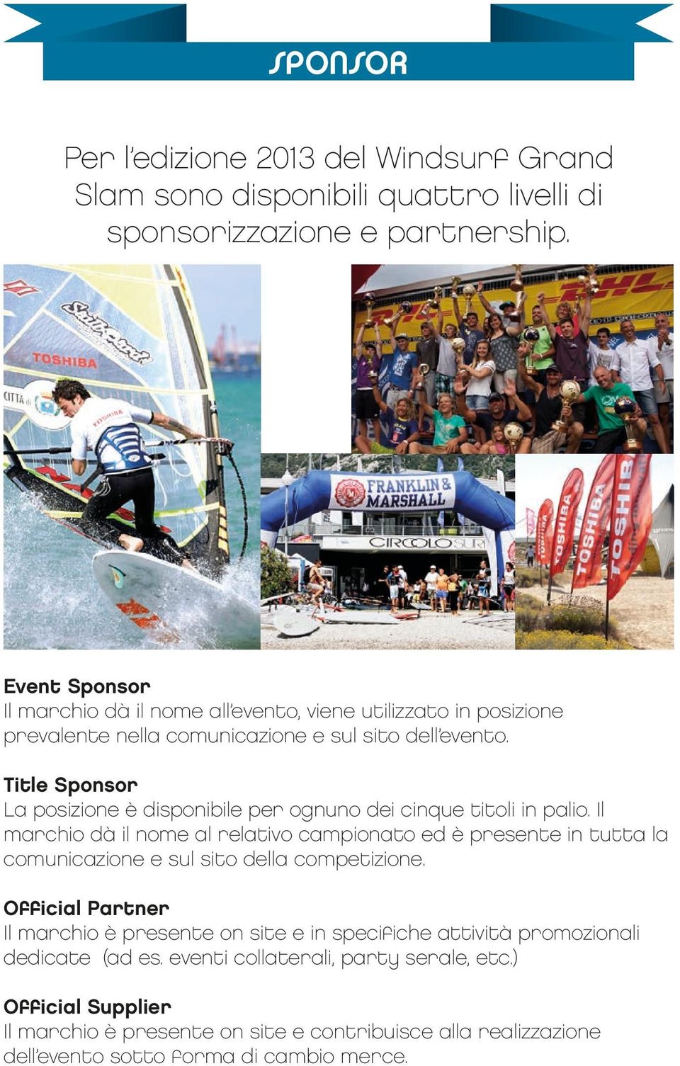 Title Sponsor La posizione è disponibile per ognuno dei cinque titoli in palio.