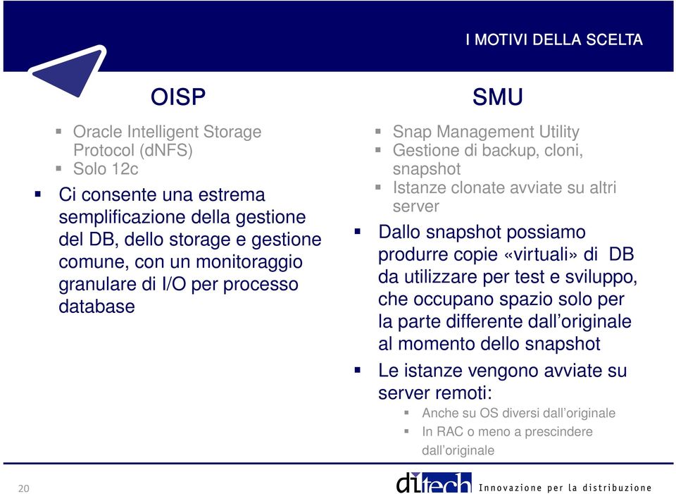 avviate su altri server Dallo snapshot possiamo produrre copie «virtuali» di DB da utilizzare per test e sviluppo, che occupano spazio solo per la parte