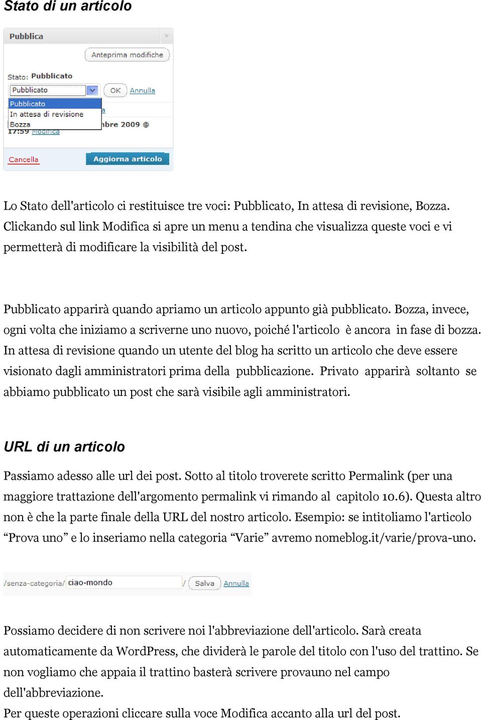 Pubblicato apparirà quando apriamo un articolo appunto già pubblicato. Bozza, invece, ogni volta che iniziamo a scriverne uno nuovo, poiché l'articolo è ancora in fase di bozza.