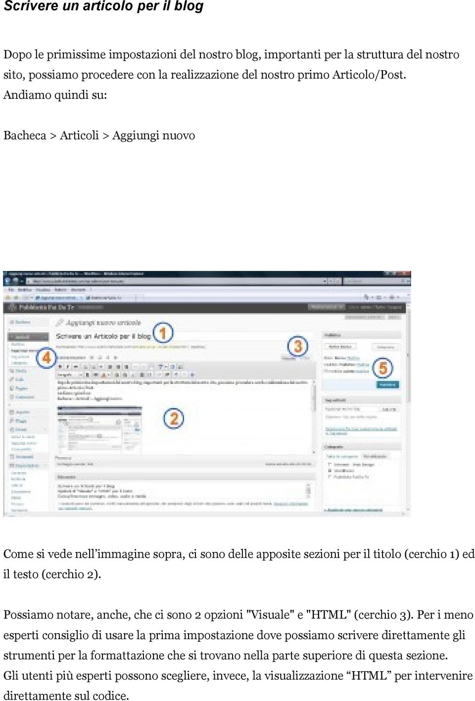 Possiamo notare, anche, che ci sono 2 opzioni "Visuale" e "HTML" (cerchio 3).