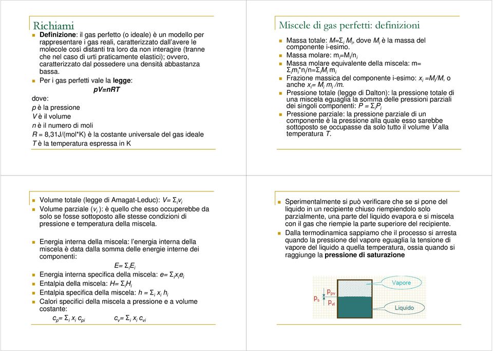 Per i gas perfetti vale la legge: pv=nrt dove: p è la pressione V è il volume n è il numero di moli R = 8,31J/(mol*K) è la costante universale del gas ideale T è la temperatura espressa in K Miscele