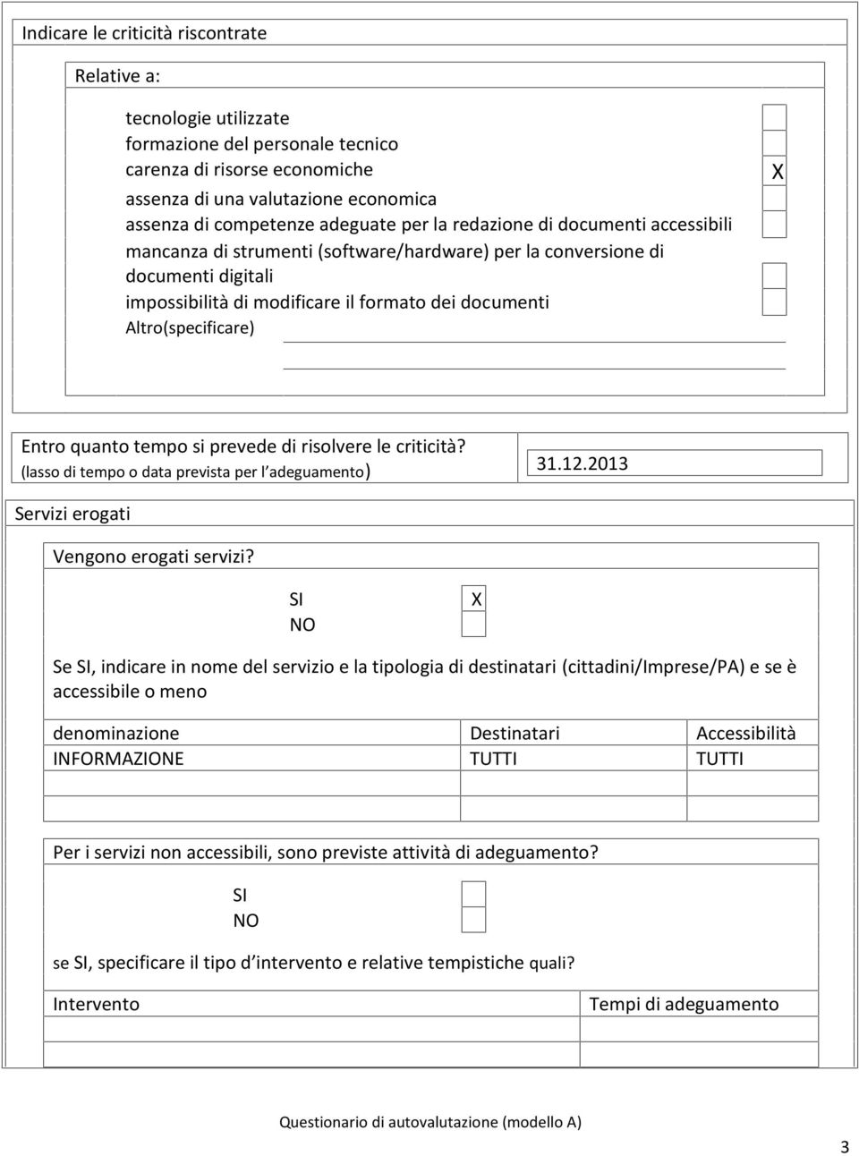 prevede di rislvere le criticità? (lass di temp data prevista per l adeguament) 31.12.2013 Servizi ergati Vengn ergati servizi?