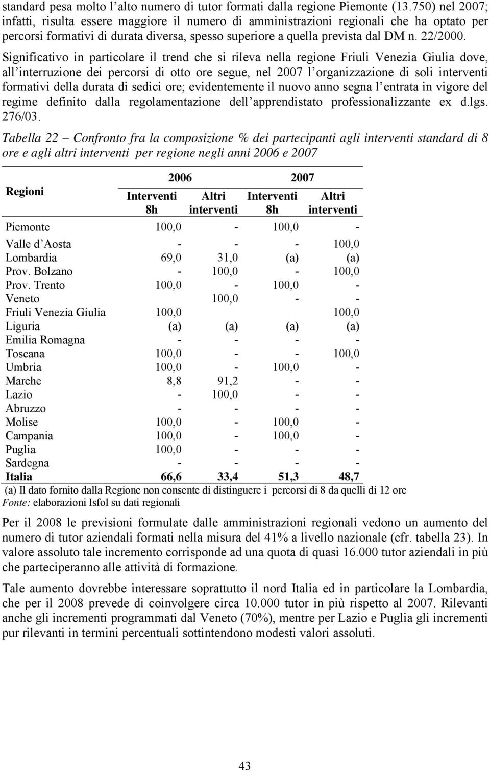 Significativo in particolare il trend che si rileva nella regione Friuli Venezia Giulia dove, all interruzione dei percorsi di otto ore segue, nel 2007 l organizzazione di soli interventi formativi