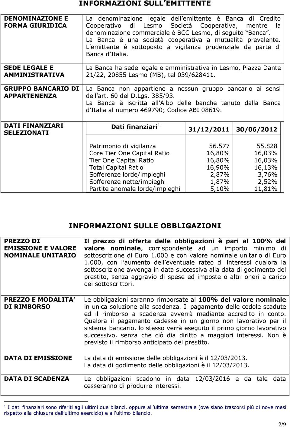 L emittente è sottoposto a vigilanza prudenziale da parte di Banca d Italia. La Banca ha sede legale e amministrativa in Lesmo, Piazza Dante 21/22, 20855 Lesmo (MB), tel 039/628411.