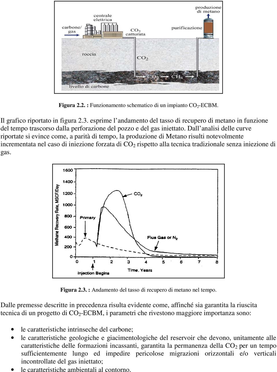 Dall analisi delle curve riportate si evince come, a parità di tempo, la produzione di Metano risulti notevolmente incrementata nel caso di iniezione forzata di CO 2 rispetto alla tecnica