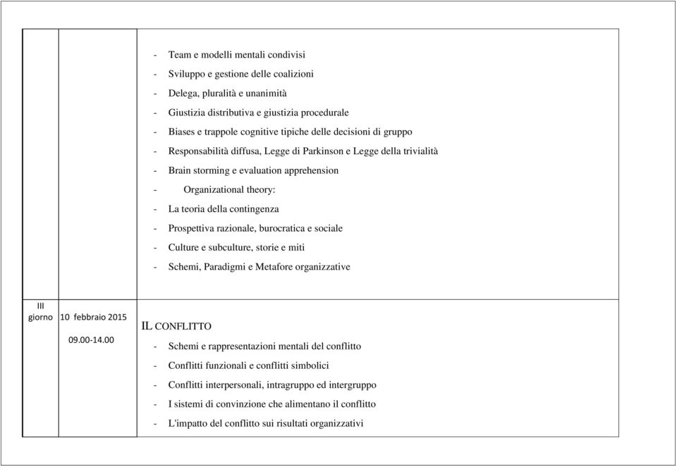 Prospettiva razionale, burocratica e sociale - Culture e subculture, storie e miti - Schemi, Paradigmi e Metafore organizzative III giorno 10 febbraio 2015 IL CONFLITTO - Schemi e rappresentazioni