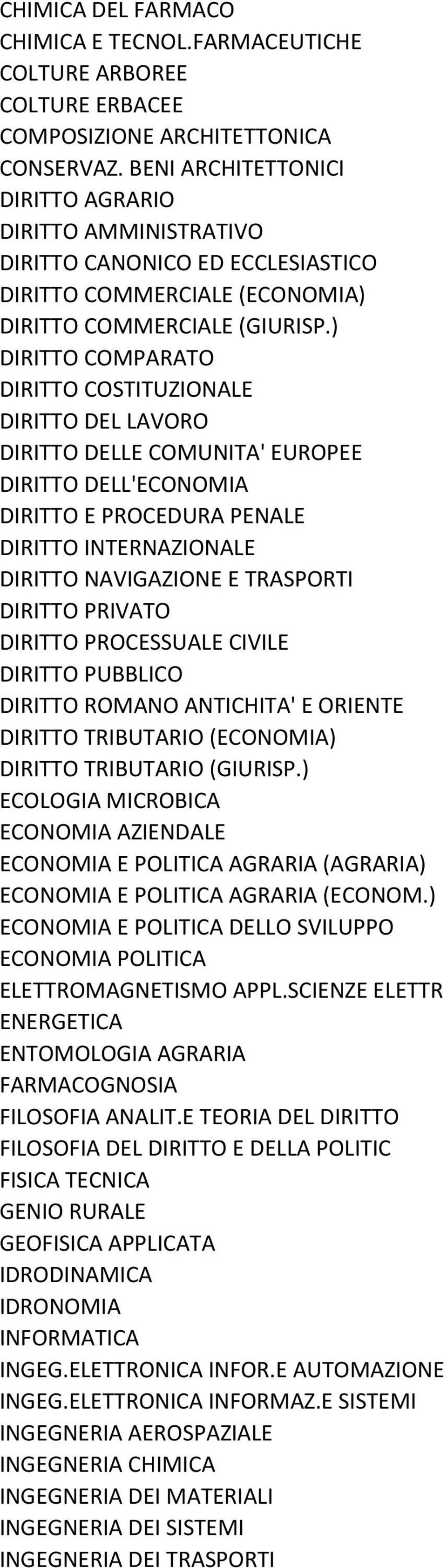 ) DIRITTO COMPARATO DIRITTO COSTITUZIONALE DIRITTO DEL LAVORO DIRITTO DELLE COMUNITA' EUROPEE DIRITTO DELL'ECONOMIA DIRITTO E PROCEDURA PENALE DIRITTO INTERNAZIONALE DIRITTO NAVIGAZIONE E TRASPORTI