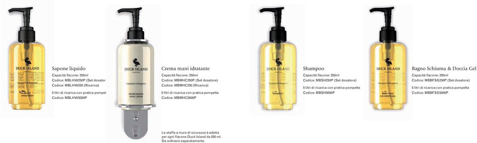 Codice: MBMHC5000P Capacità flacone: 250ml Codice: MBSH250P (Set dosatore) 5 litri di ricarica con pratica pompetta Codice: MBSH5000P Capacità flacone: 250ml Codice: