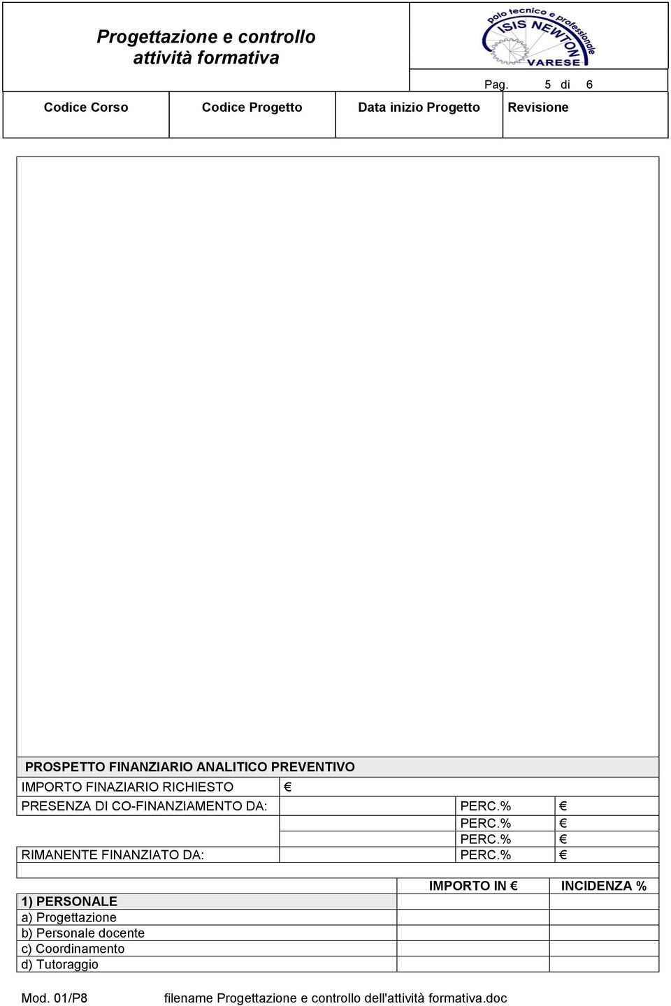 % PERC.% RIMANENTE FINANZIATO DA: PERC.