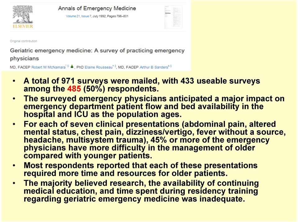 For each of seven clinical presentations (abdominal pain, altered mental status, chest pain, dizziness/vertigo, fever without a source, headache, multisystem trauma), 45% or more of the emergency