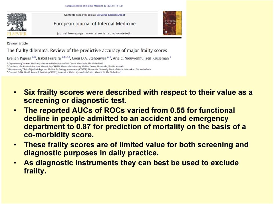 55 for functional decline in people admitted to an accident and emergency department to 0.