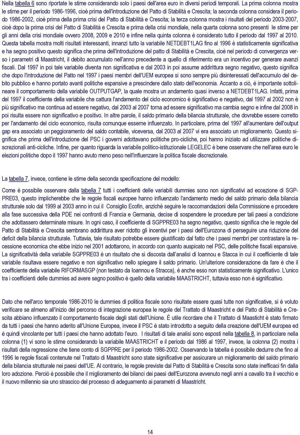 crisi del Patto di Stabilità e Crescita; la terza colonna mostra i risultati del periodo 2003-2007, cioè dopo la prima crisi del Patto di Stabilità e Crescita e prima della crisi mondiale, nella