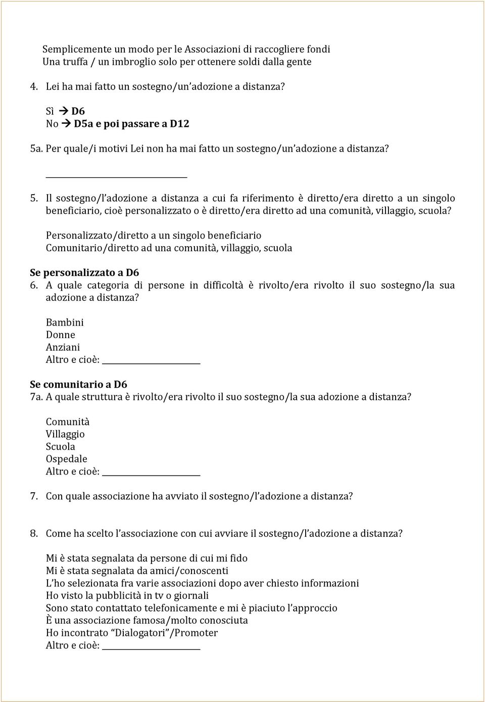 . Per quale/i motivi Lei non ha mai fatto un sostegno/un adozione a distanza? 5.