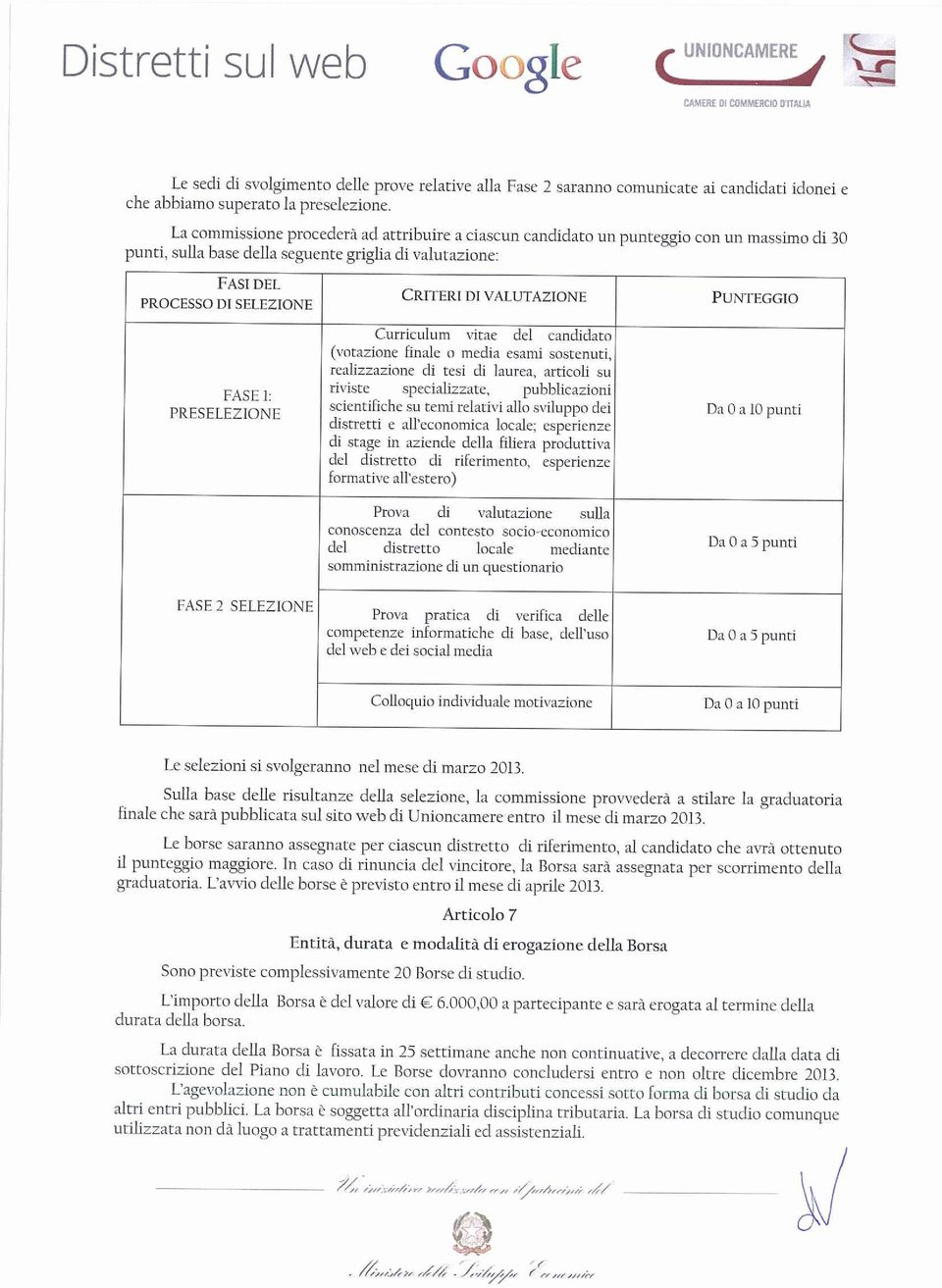 La commissione procederà ad attribuire a ciascun candidato un punteggio con un massimo di 30 punti, sulla base della seguente griglia di valutazione: PROCESSO DI SELEZIONE CRITERI DI VALUTAZIONE