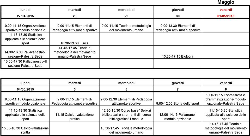 15 Biologia 04/05/2015 5 6 7 8 iva-modulo Pedagogia attiv.mot.e ive 9.00-12.30 Elementi di Pedagogia attiv.mot.e ive 9.00-12.00 Storia dello 9.00-11.15 Espressività e - 15.00-16.