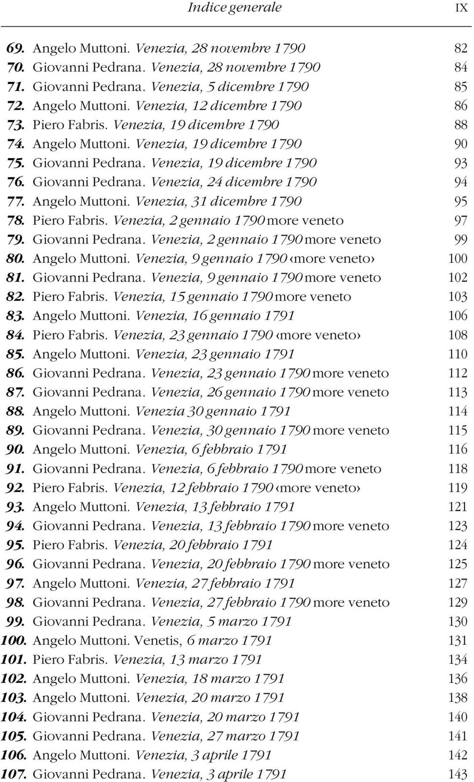 Angelo Muttoni. Venezia, 31 dicembre 1790 95 78. Piero Fabris. Venezia, 2 gennaio 1790 more veneto 97 79. Giovanni Pedrana. Venezia, 2 gennaio 1790 more veneto 99 80. Angelo Muttoni.