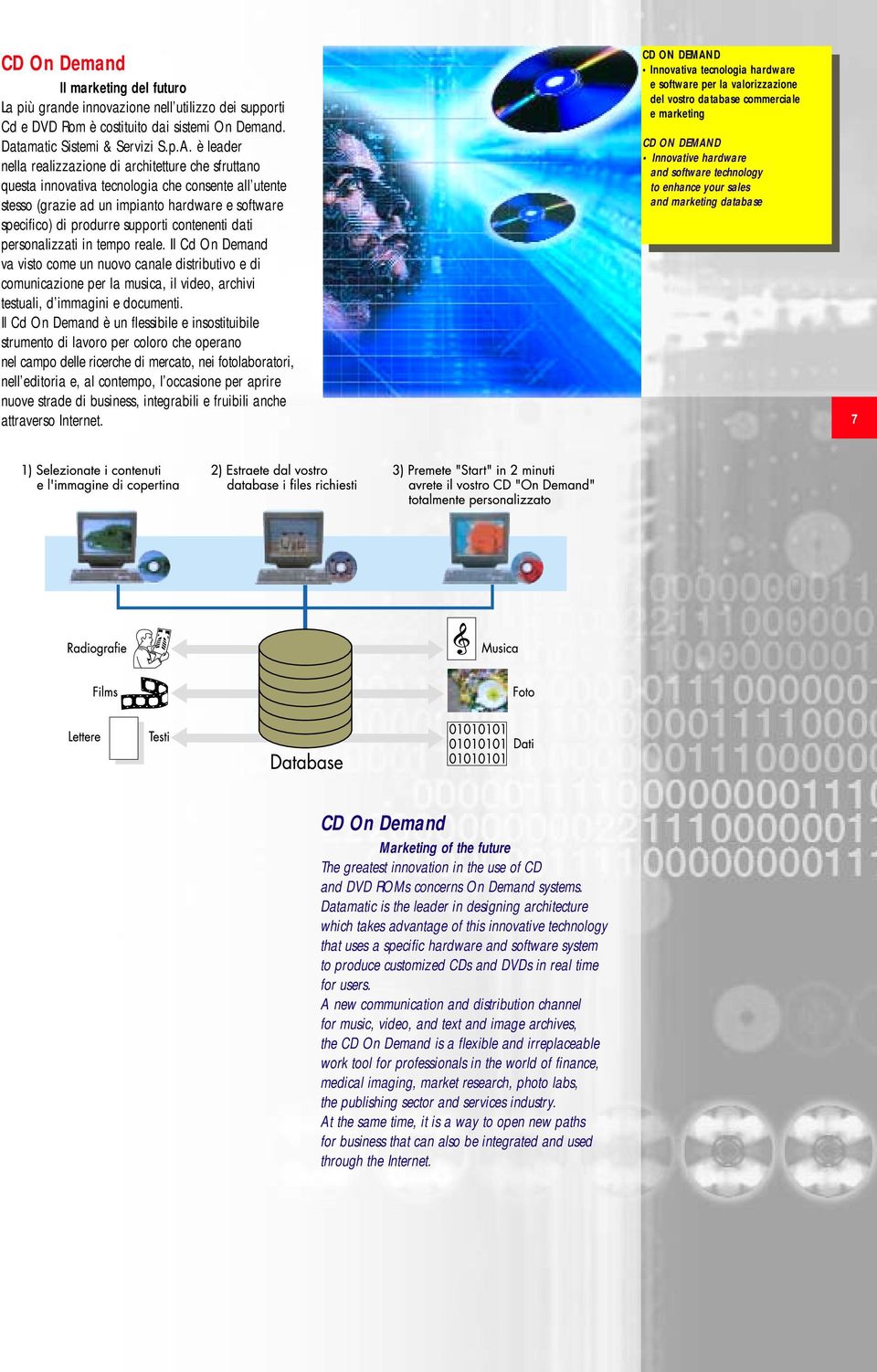 contenenti dati personalizzati in tempo reale. Il Cd On Demand va visto come un nuovo canale distributivo e di comunicazione per la musica, il video, archivi testuali, d immagini e documenti.