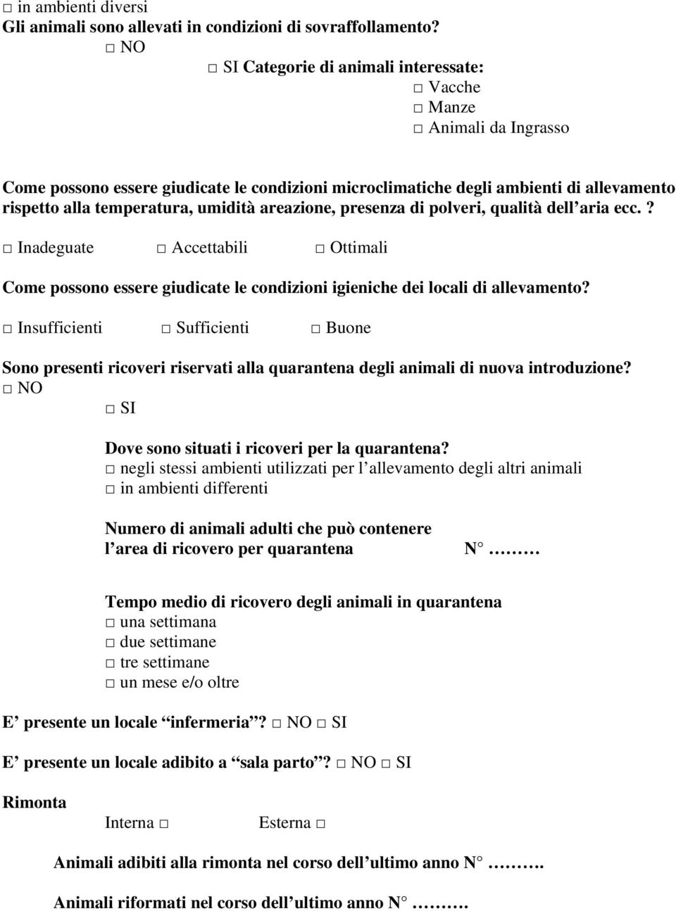 areazione, presenza di polveri, qualità dell aria ecc.? Inadeguate Accettabili Ottimali Come possono essere giudicate le condizioni igieniche dei locali di allevamento?