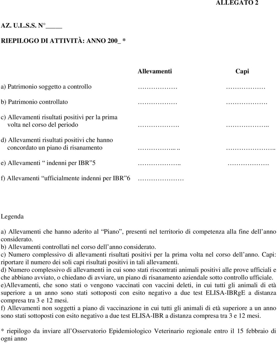 .. f) Allevamenti ufficialmente indenni per IBR 6 Legenda a) Allevamenti che hanno aderito al Piano, presenti nel territorio di competenza alla fine dell anno considerato.